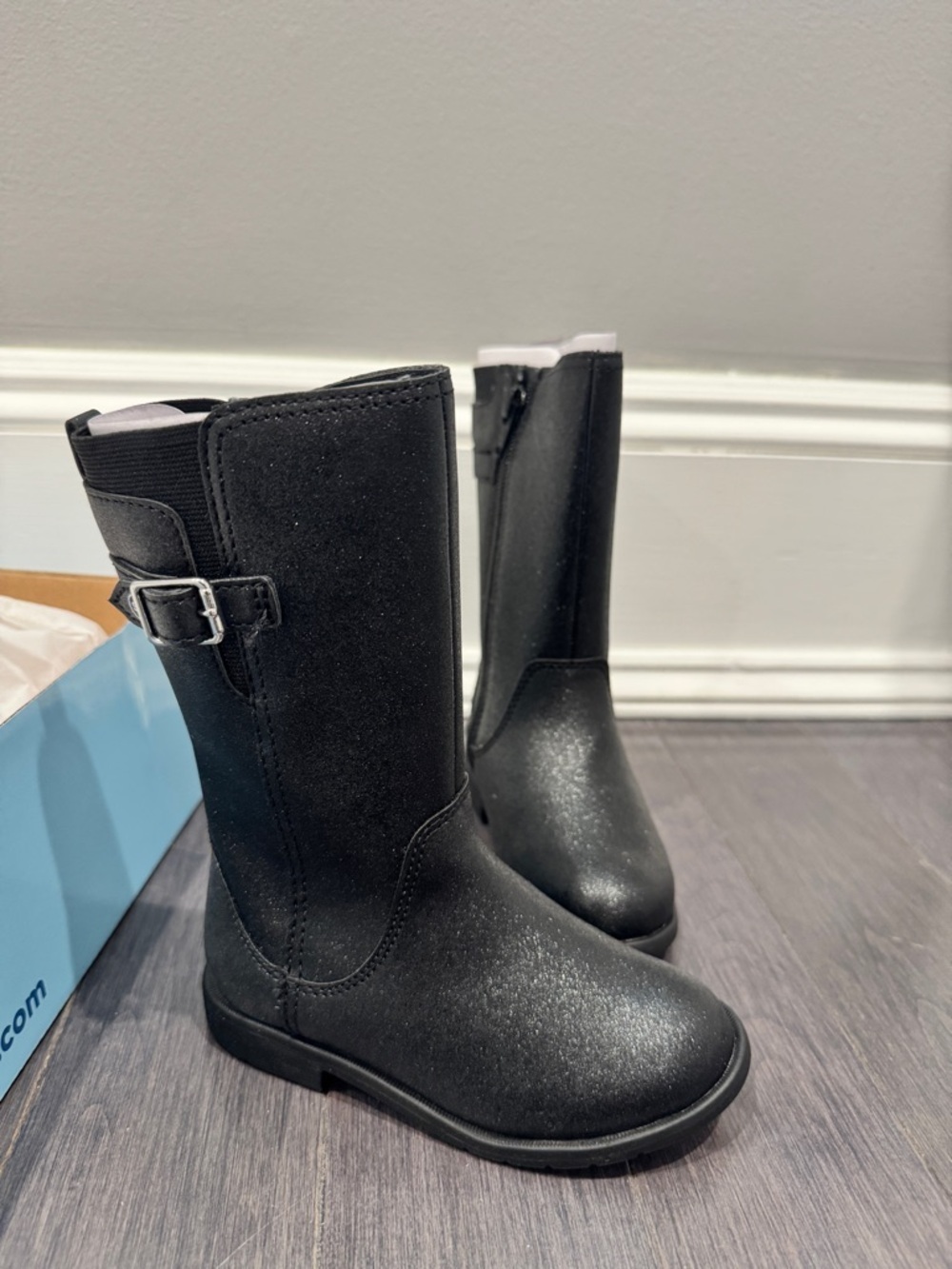NWT Stride Rite Toddler 7W Girls' Black Sparkle Mid-Calf Buckle Boots Shoes